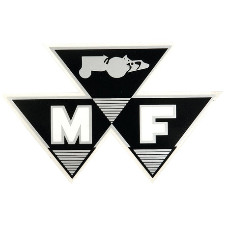 The Decal - Massey Ferguson Triple Triangle by Sparex (Sparex Part No. S.2090) features a black and white design with a dog licking a bone centered within the letters "MF," all arranged inside the iconic Triple Triangle design reminiscent of Massey Ferguson.