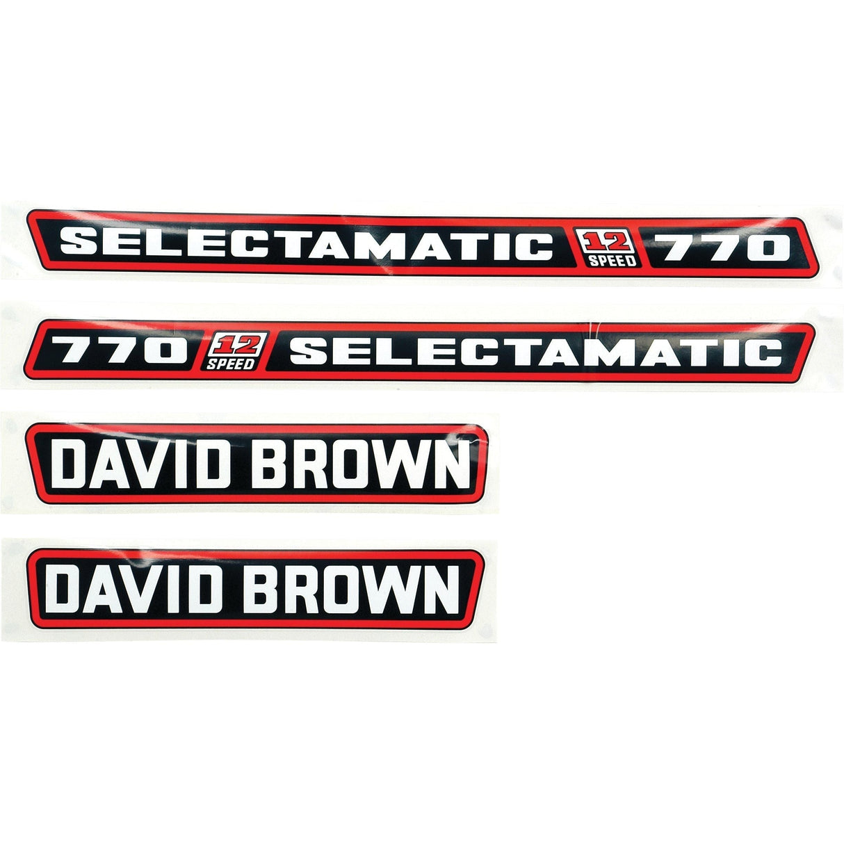 Image of four stickers: two labeled "770 SELECTAMATIC 12 SPEED" and two labeled "DAVID BROWN." The black backgrounds with white text outlined in red make for a striking decal set. Perfect for enthusiasts of the classic David Brown 770 Selectamatic tractors, this Sparex Decal Set (Part No. S.63342) is a must-have accessory.