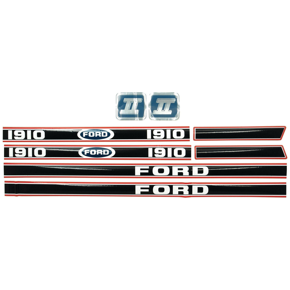 Image displaying various black and white car decals with text "1910" and "FORD," alongside two blue and silver "II" emblems from the Sparex Decal Set - Ford / New Holland 1910 Force II (Sparex Part No.S.12099).