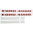 The image shows a decal set with white stickers and red text displaying "FORD 4000", which includes two large "FORD 4000" stickers along with several smaller white segments. The decals, suitable for Ford / New Holland 4000 models, are part of the Sparex product line and have the Sparex Part No.S.8411.