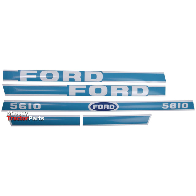 Decal Set | Sparex Part No.S.8430, a blue and white decal set with "FORD" and "5610" text displayed against a white background, perfect for Ford / New Holland 5610 tractor parts by the brand Sparex.