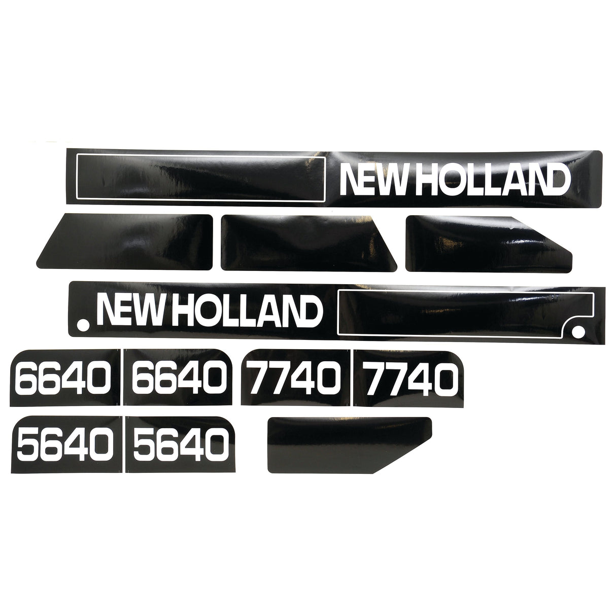 Decal Set - Ford / New Holland featuring the text "NEW HOLLAND" and numeric labels 6640, 5640, and 7740, arranged on a white background | Sparex Part No. S.68253 by Sparex.