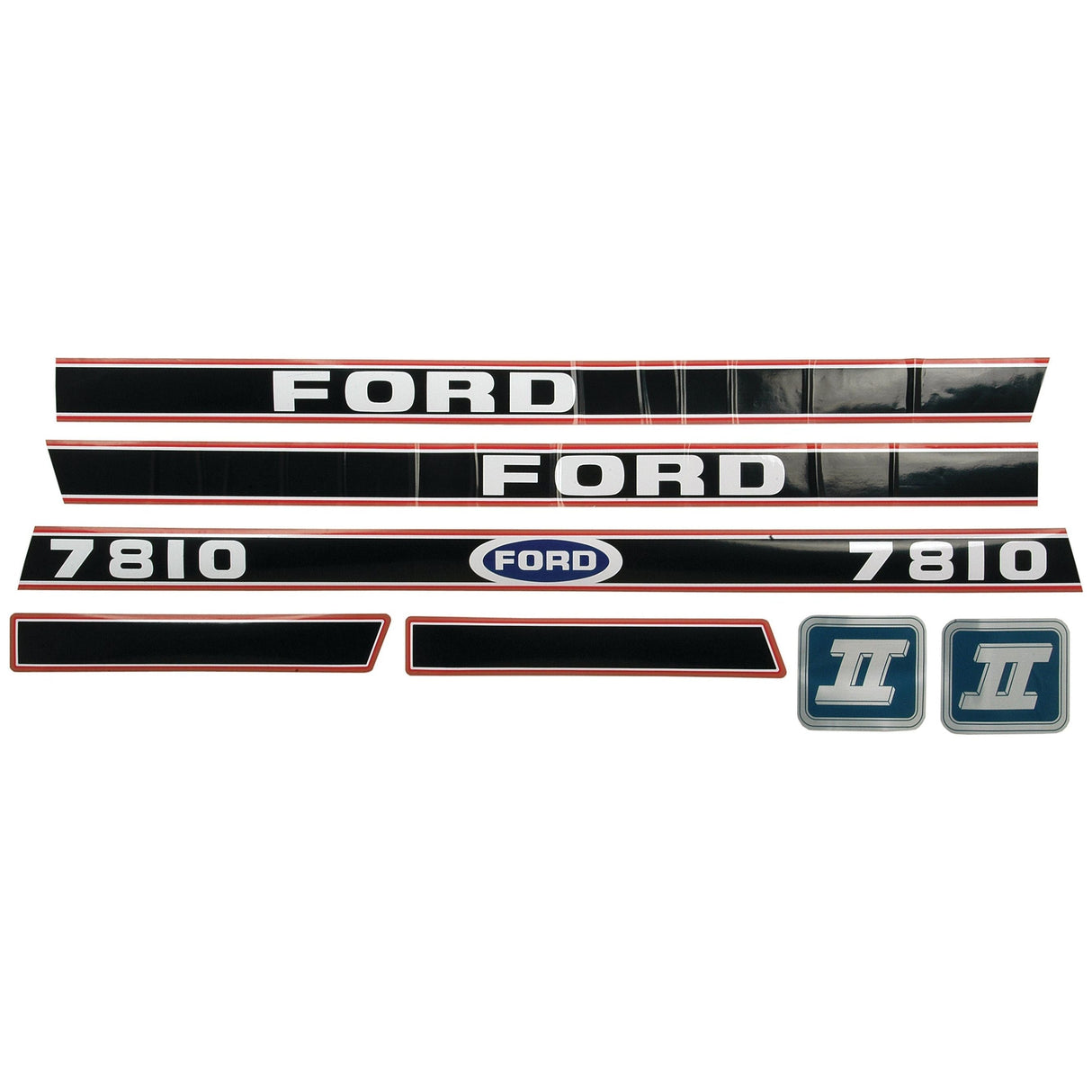 The Decal Set - Ford / New Holland 7810 (Sparex Part No. S.14282) includes black and white "FORD" and "7810" decals, an oval Ford badge, and blue "II" badges. This Sparex decal set is compatible with Ford New Holland 7810 models for a perfect restoration finish.