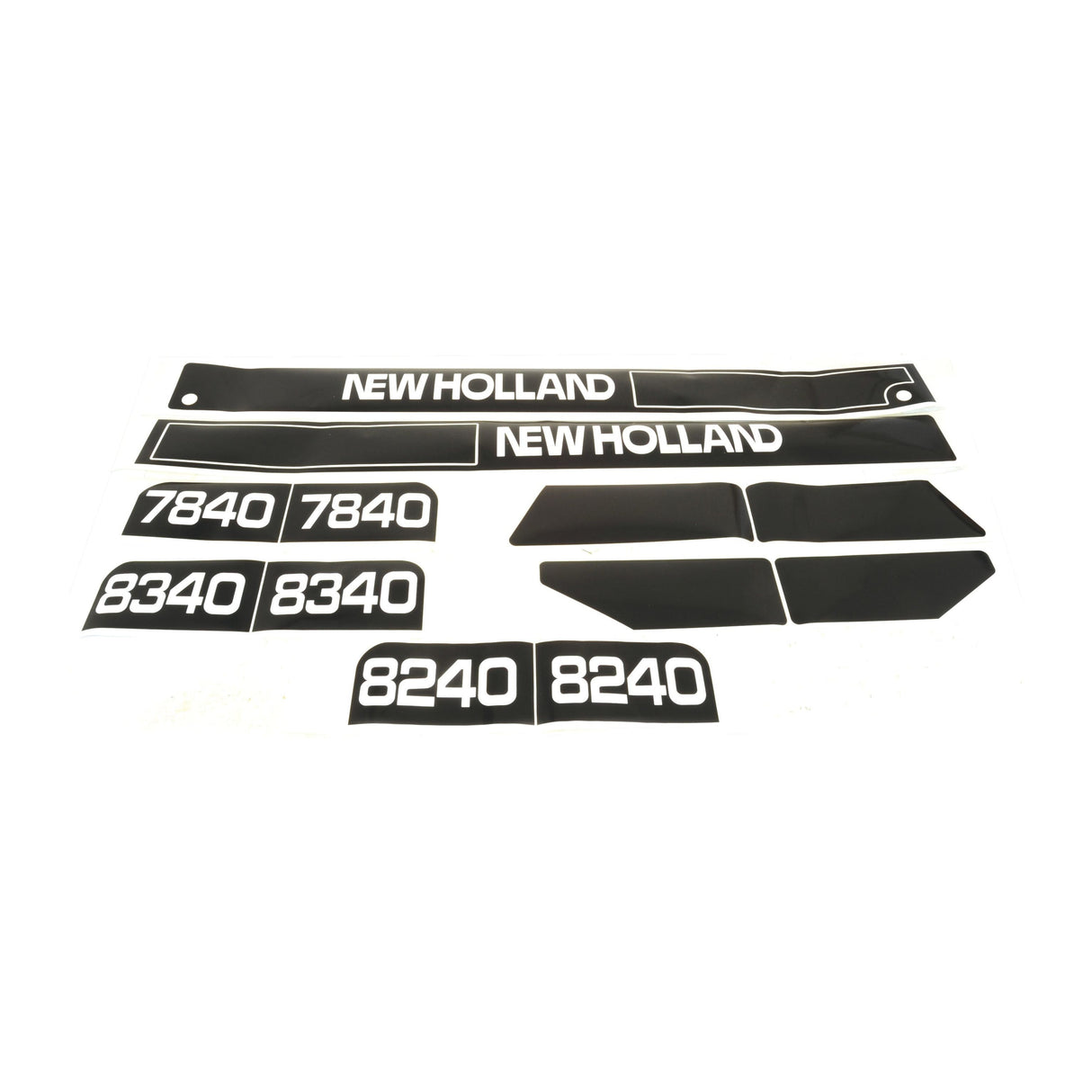 A Decal Set - Ford / New Holland 7840, 8240, 8340 by Sparex (Part No.S.68373), featuring black and white decals with numbers 7840, 8340, and 8240 on a white background.