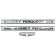 Two metallic nameplates marked "Massey Ferguson 265" with black lettering—one featuring "265" at the beginning and the other at the end—along with two small triangular metallic pieces, all part of the Decal Set - Massey Ferguson 265 from Sparex (Part No. S.41190).