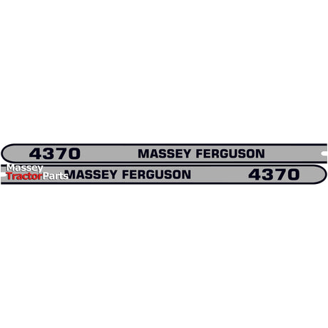 Image of two horizontal Massey Ferguson 4370 tractor nameplate decals, one above the other, featuring red and white "Tractor Parts" and "Massey" logos on the left. This Decal Set - Massey Ferguson 4370 (Sparex Part No.S.118326) from Sparex is perfect for enthusiasts looking to enhance their machine's appearance.