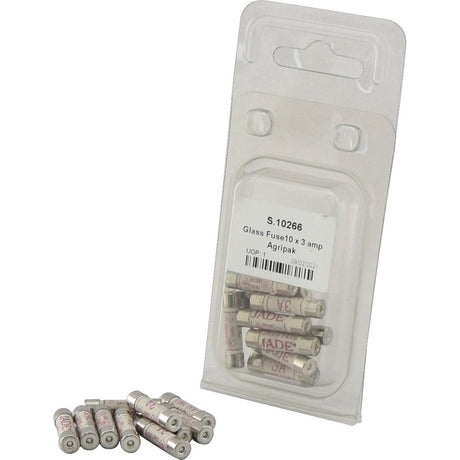 A package of ten 3.0-amp domestic fuses is displayed with some fuses scattered in front. The label reads "S.10266 Domestic Fuse, 3.0 Amps, 240V, 10 pcs. Agripak" by Sparex.