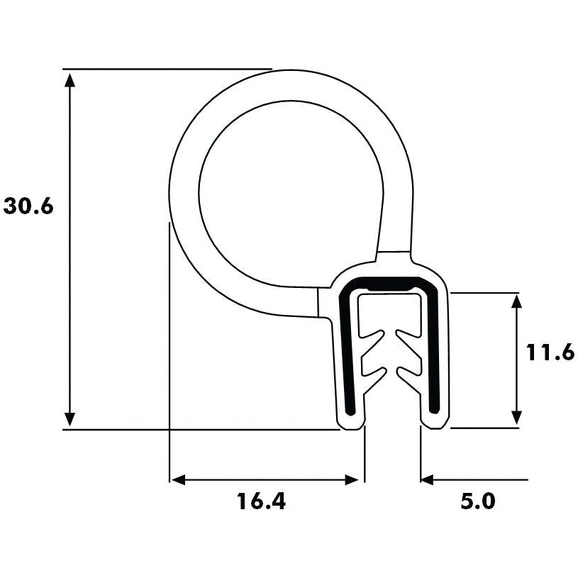 A cross-sectional diagram of the Door Rubber (Sparex Part No. S.101091) showcases its overall height of 30.6 mm and width of 16.4 mm. The clamp section measures 11.6 mm in height and 5.0 mm in width, making it an ideal Sparex component that meets OEM specifications.
