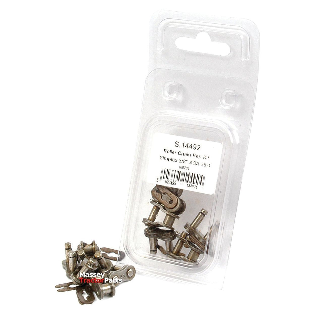 A Sparex Drive Chain Repair Kit (35-1) with part number S.14492, packaged in clear plastic and labeled "Massey Tractor Parts," containing several small metal parts and featuring a 9.52mm pitch chain.