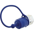 A Faster Dust Cap Blue PVC TF Series industrial cap, fits 3/4'' male coupling TF34 by Sparex, featuring an attached looped band.