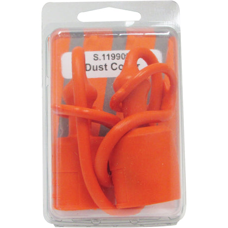 A plastic package containing two orange PVC dust covers for 1/2'' male couplings, labeled "Faster Dust Cap Orange PVC Fits 1/2'' Male Coupling - TF Series TF12A (Agripak 2 pcs.) - S.119909" by Sparex.