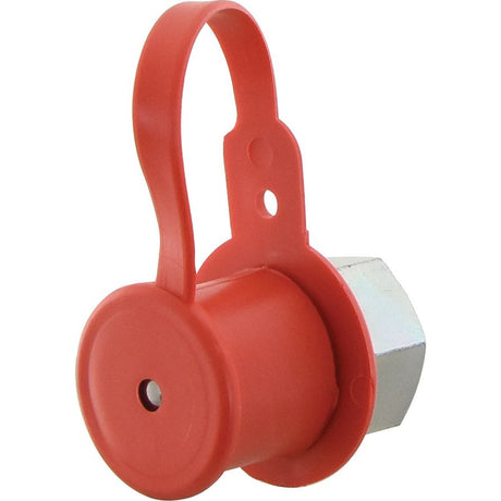 The Sparex Dust Cap Red PVC Fits 1/2'' Male Coupling - S.14063, crafted from durable red plastic and featuring a flexible strap attached to a metal hexagonal fitting, is suitable for various applications. For detailed manufacture information, please refer to the product specifications provided by Sparex.