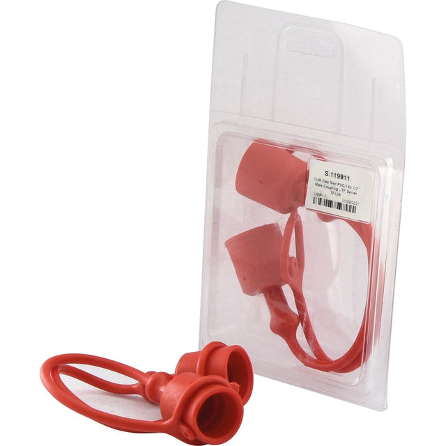 A package containing Sparex Faster Dust Cap Red PVC caps for 1/2'' Male Coupling - TF Series TF12R (AgriPak, 2 pcs.), featuring two durable PVC caps inside and one pair attached together outside of the package.