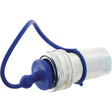 A Sparex TM Series connector, model TM12L - S.112777, with a metallic cylindrical design featuring a textured grip and equipped with a Faster Dust Plug in blue PVC, which fits 1/2'' female coupling and is attached by a loop.