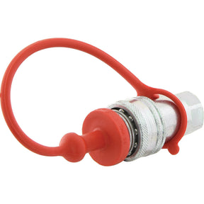 A Faster Dust Plug Red PVC Fits 1/2'' Female Coupling - TMH Series TMH 12 - S.113080 from Sparex, featuring a red dust cap and looped retaining strap.