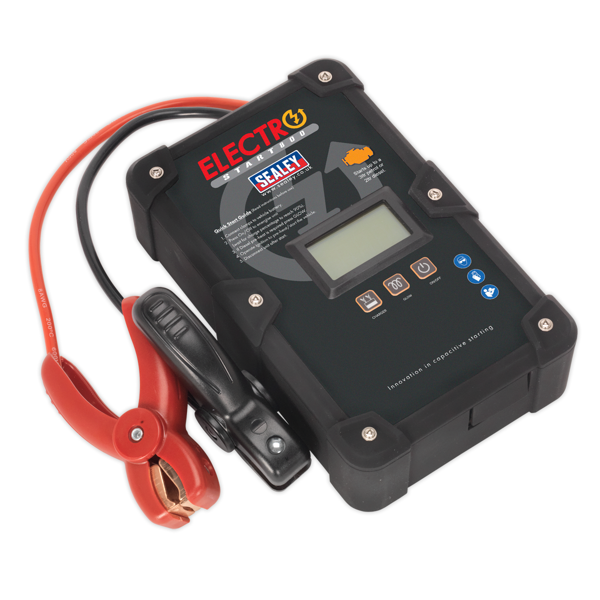 A black Sealey ElectroStart® Batteryless Power Start 800A 12V - E/START800, featuring a small digital display, buttons, and red and black clamps, with innovative patented technology.