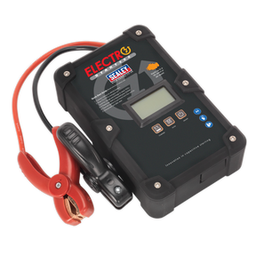 A black Sealey ElectroStart® Batteryless Power Start 800A 12V - E/START800, featuring a small digital display, buttons, and red and black clamps, with innovative patented technology.