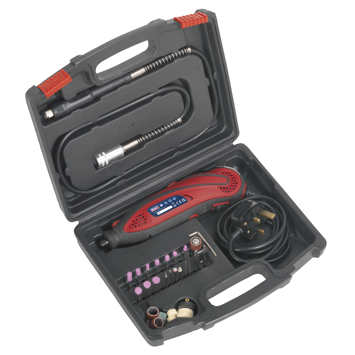 A black carrying case from Sealey, featuring the Multipurpose Rotary Tool & Engraver Kit with 40 pieces, 230V (model E540). It includes a high-speed power tool with variable speed control, along with a red rotary tool, various attachments and accessories, and a power cord.