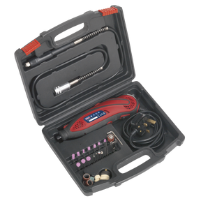 A black carrying case from Sealey, featuring the Multipurpose Rotary Tool & Engraver Kit with 40 pieces, 230V (model E540). It includes a high-speed power tool with variable speed control, along with a red rotary tool, various attachments and accessories, and a power cord.