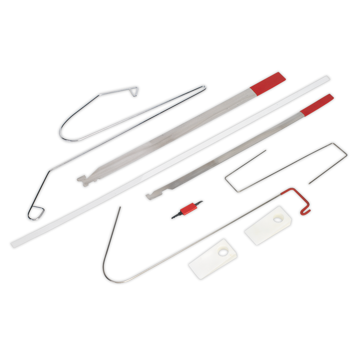 Illustration of the Sealey Emergency Car Opening Kit - EC95 laid out, featuring various metal rods and hook-shaped instruments, some with red handles, and small rectangular pieces. Ideal for vehicle dealers specializing in European and Japanese cars.