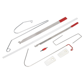 Illustration of the Sealey Emergency Car Opening Kit - EC95 laid out, featuring various metal rods and hook-shaped instruments, some with red handles, and small rectangular pieces. Ideal for vehicle dealers specializing in European and Japanese cars.