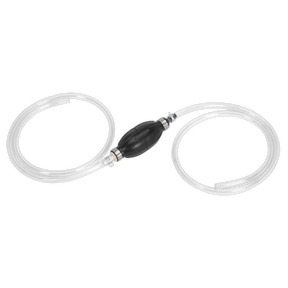 The Sealey Emergency Fuel Transfer Syphon Pump (EC96) is a 2-meter transparent hose featuring a black bulb pump in the center with connectors on both ends, ideal as an emergency transfer pump due to its self-priming design, suitable for petrol, diesel, water, and low viscosity fluids.
