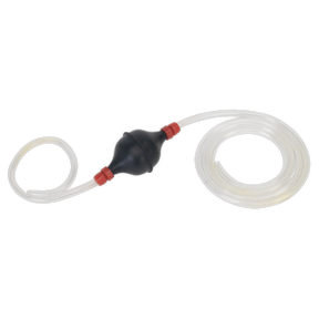 The Sealey Emergency Fuel Transfer Syphon Pump for Petrol, Diesel, Water, and Low Viscosity Fluids (EC97), with a 1.7m hose, features a central black bulb flanked by red connectors and transparent flexible tubes on both ends, utilizing syphon action for efficient liquid movement.