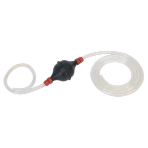 The Sealey Emergency Fuel Transfer Syphon Pump for Petrol, Diesel, Water, and Low Viscosity Fluids (EC97), with a 1.7m hose, features a central black bulb flanked by red connectors and transparent flexible tubes on both ends, utilizing syphon action for efficient liquid movement.