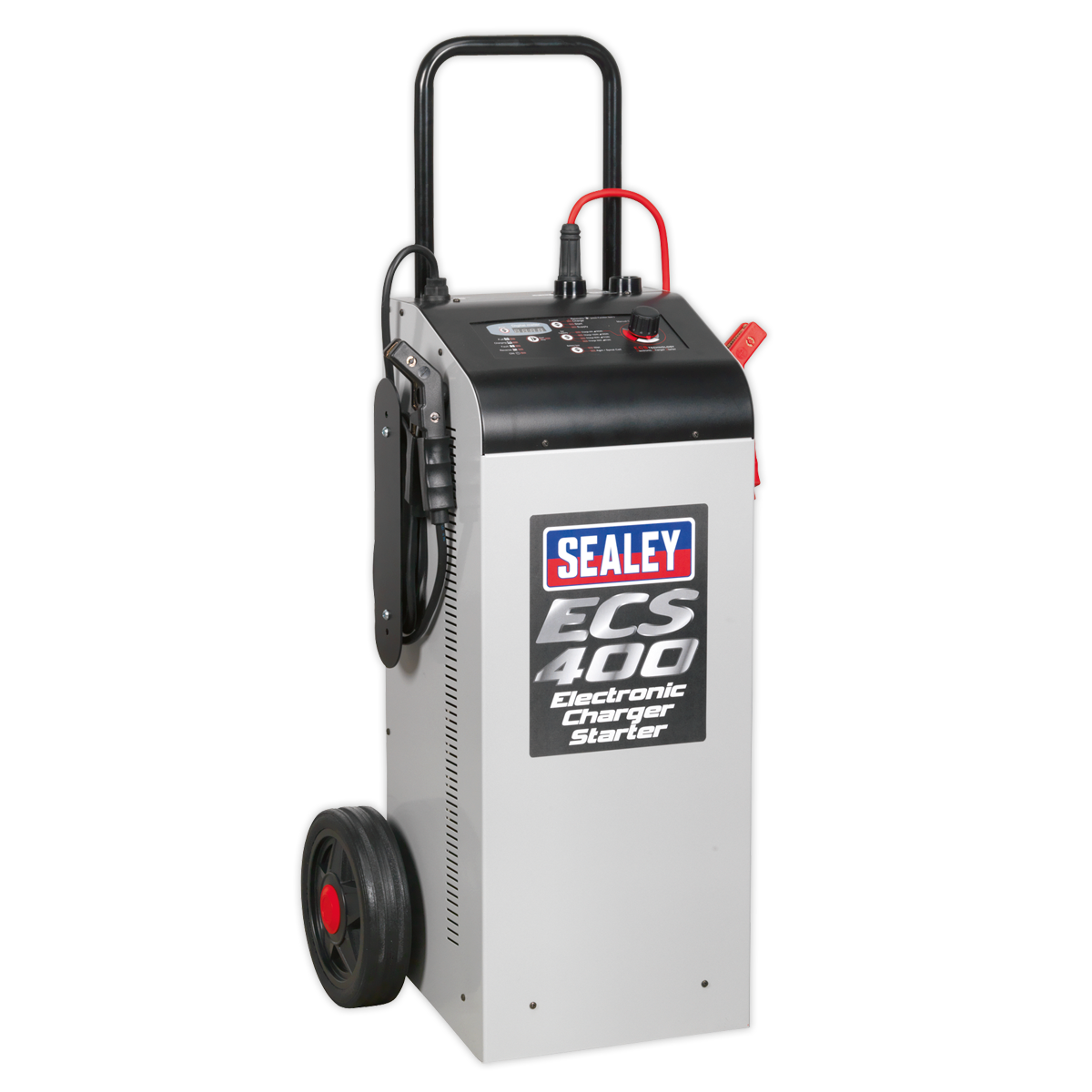 The Sealey Electronic Charger Maintainer/Starter 75/400A 12/24V - ECS400, featuring a handle and wheels for easy portability, is ideal for both 12V and 24V electrical systems. This predominantly gray device with black and red accents ensures stabilized charging current for EFB and AGM/GEL batteries.