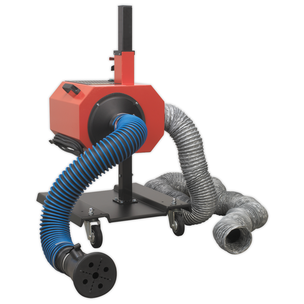 The Sealey Exhaust Fume Extractor with 6m Ducting - EFS/93, featuring a red and black design with large coiled hoses on a wheeled base, is perfect as a back-up machine.