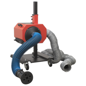 The Sealey Exhaust Fume Extractor with 6m Ducting - EFS/93, featuring a red and black design with large coiled hoses on a wheeled base, is perfect as a back-up machine.