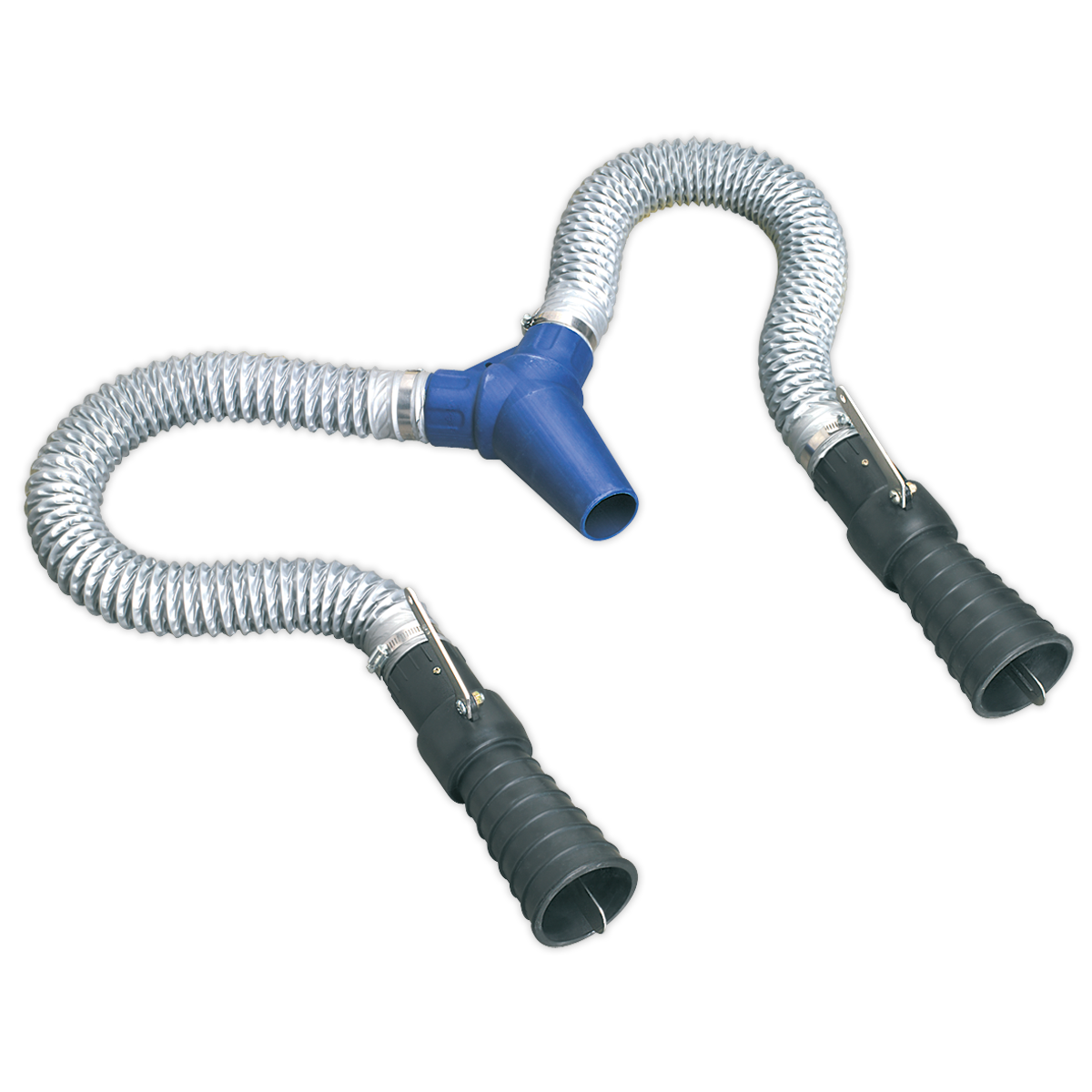 Introducing the Sealey Exhaust Adaptor for Twin Pipes - EFS07DE: a flexible, silver Y-shaped duct connector featuring a blue central junction and black rubber ends, specifically designed for twin exhaust vehicles.