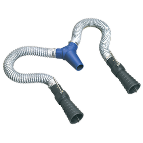 Introducing the Sealey Exhaust Adaptor for Twin Pipes - EFS07DE: a flexible, silver Y-shaped duct connector featuring a blue central junction and black rubber ends, specifically designed for twin exhaust vehicles.