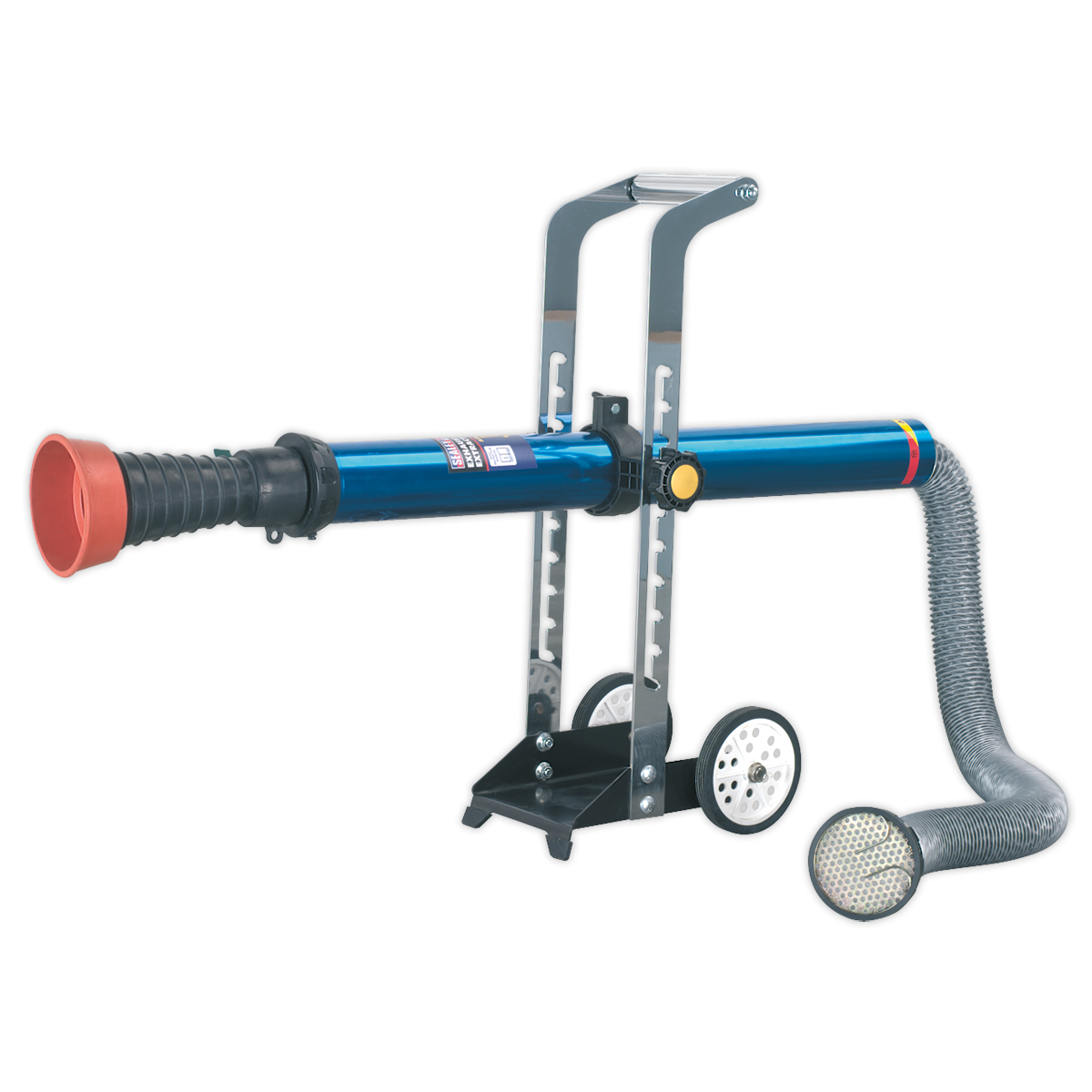 Sealey's Exhaust Fume Extractor with 3m Ducting - EFS07 features a blue frame equipped with wheels, a red nozzle, black and gray flexible hose, adjustable height, and a supportive carrying frame.