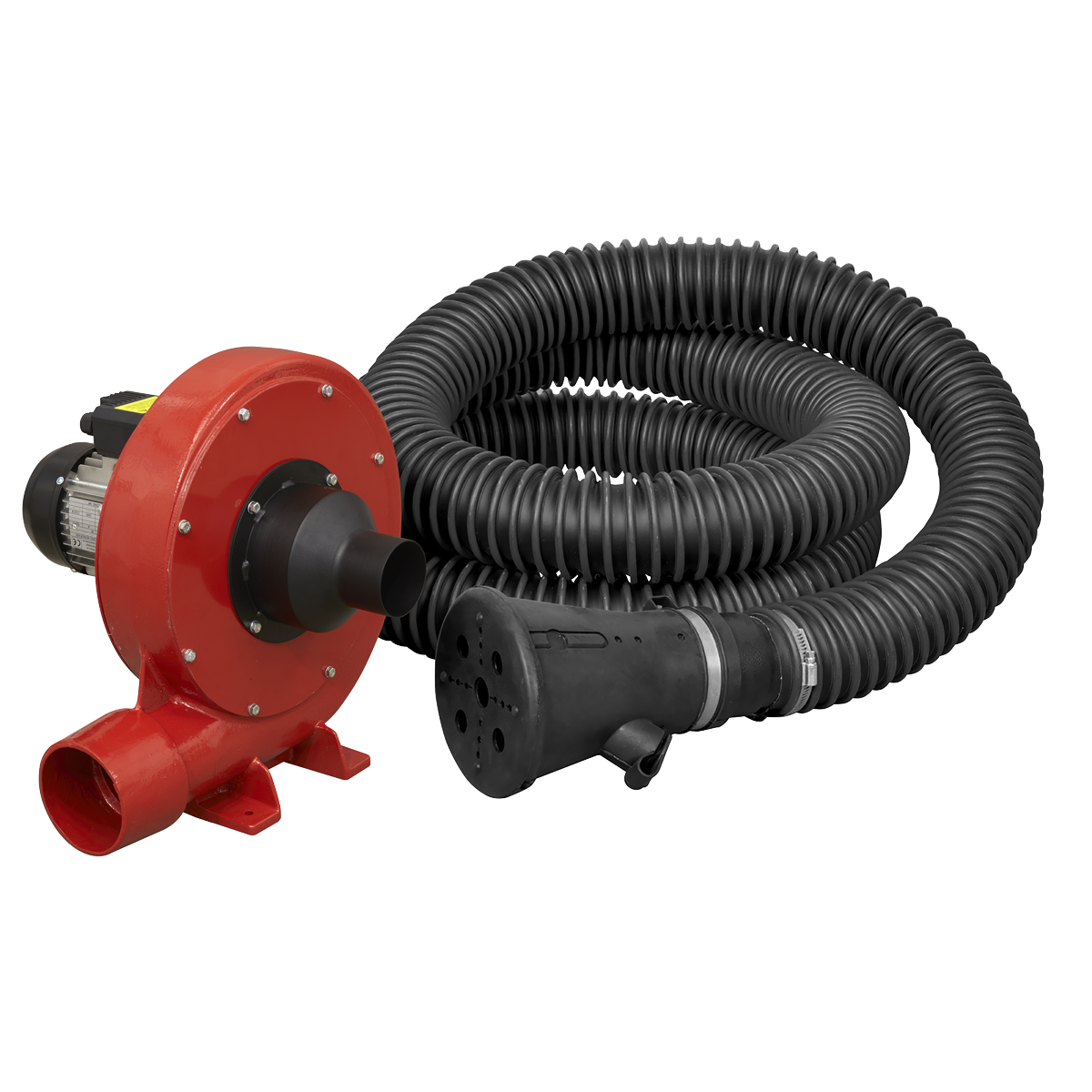 The Sealey Exhaust Fume Extraction System 230V - 370W - Single Duct - EFS101, featuring a red industrial blower, black hose, and connected nozzle, is perfect for smaller garages.