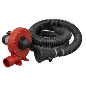 The Sealey Exhaust Fume Extraction System 230V - 370W - Single Duct - EFS101, featuring a red industrial blower, black hose, and connected nozzle, is perfect for smaller garages.