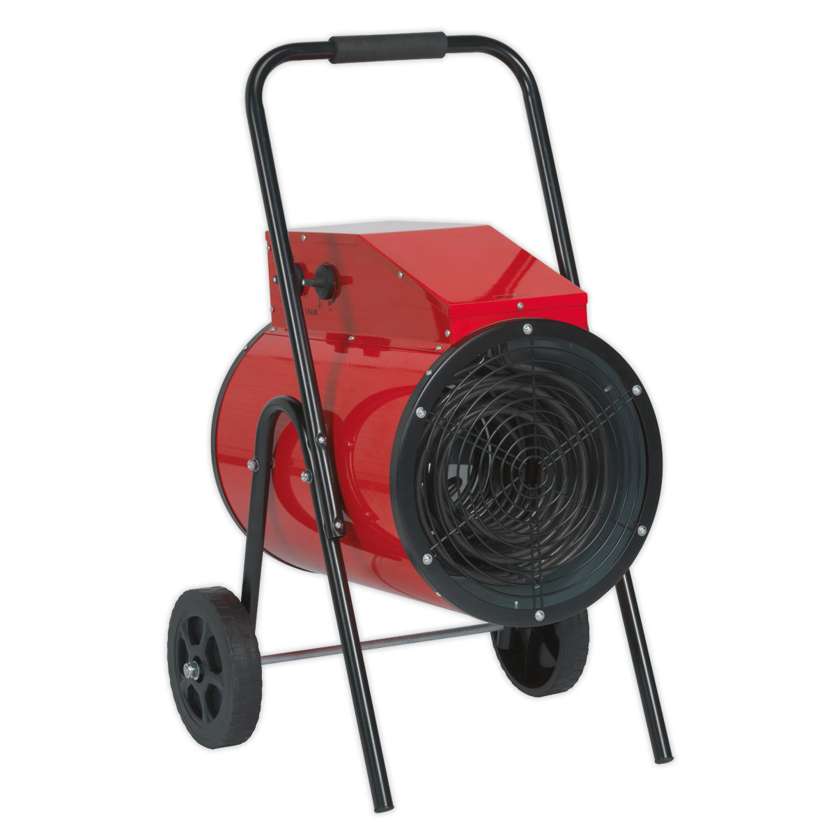 The Sealey Industrial Fan Heater 15kW 415V 3ph - EH15001 is a portable red electric fan heater on wheels, featuring a black protective grill and a handle for easy transportation, making it ideal for industrial applications. It also boasts an adjustable thermostat control for precise temperature regulation.