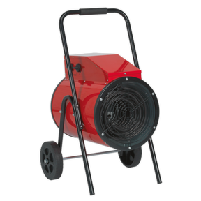 The Sealey Industrial Fan Heater 15kW 415V 3ph - EH15001 is a portable red electric fan heater on wheels, featuring a black protective grill and a handle for easy transportation, making it ideal for industrial applications. It also boasts an adjustable thermostat control for precise temperature regulation.