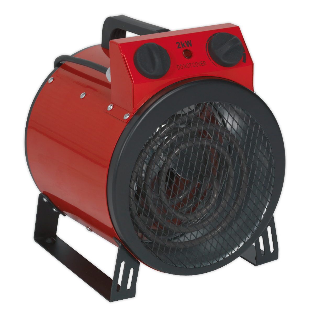 The Sealey Industrial Fan Heater 2kW - EH2001 is a portable electric heater in red and black, equipped with a convenient handle on top and a metal grill on the front. Labeled "2kW" on the top panel, this heater offers precise thermostat control to maintain the ideal temperature, making it perfect for your workshop.