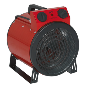 The Sealey Industrial Fan Heater 2kW - EH2001 is a portable electric heater in red and black, equipped with a convenient handle on top and a metal grill on the front. Labeled "2kW" on the top panel, this heater offers precise thermostat control to maintain the ideal temperature, making it perfect for your workshop.
