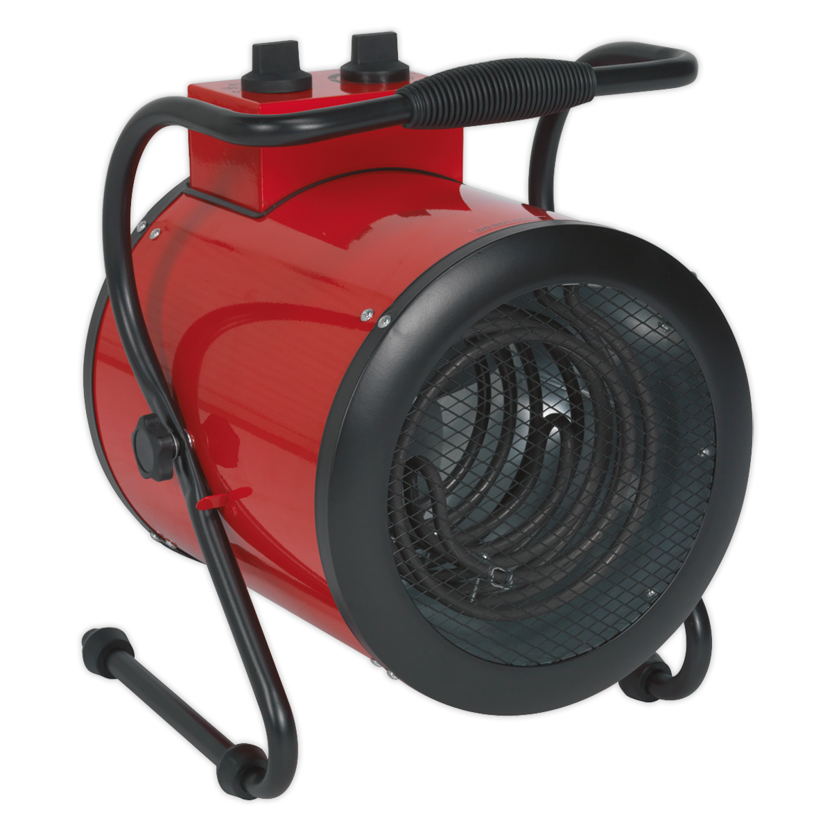 The Sealey Industrial Fan Heater 5kW 415V 3ph - EH5001 is a red electric heater featuring an adjustable thermostat and black fan controls. It is supported by a sturdy black metal frame, making it perfect for various industrial applications.