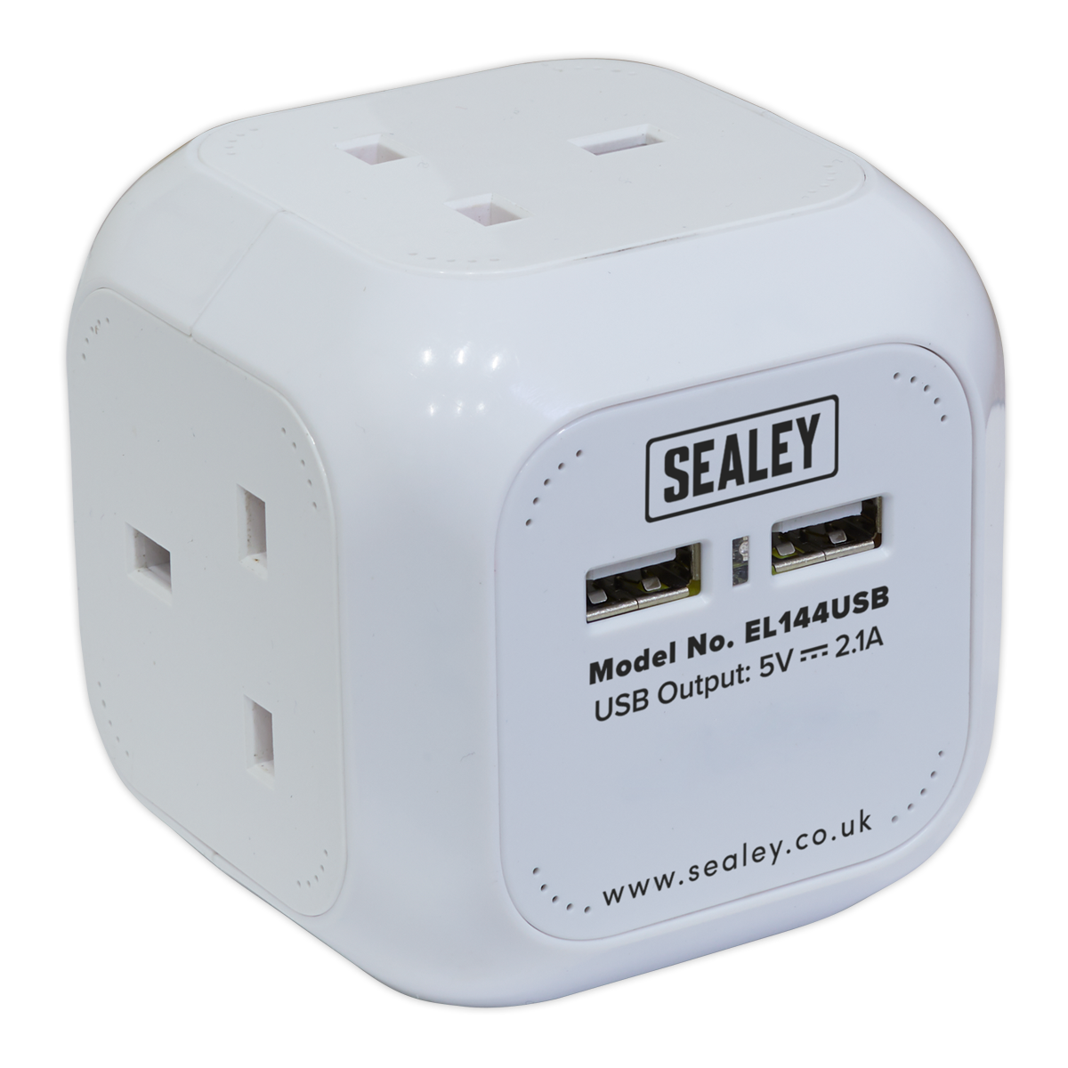 Sealey's white Extension Cable Cube, model EL144USB, features four 230V sockets and two USB ports with a 5V and 2.1A output. Designed to save space with its compact cube form, this power adapter is perfect for various needs. For more details, visit www.sealey.co.uk.