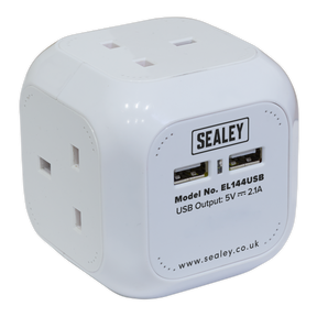 Sealey's white Extension Cable Cube, model EL144USB, features four 230V sockets and two USB ports with a 5V and 2.1A output. Designed to save space with its compact cube form, this power adapter is perfect for various needs. For more details, visit www.sealey.co.uk.