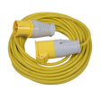 A 14m coiled yellow extension cable from Sealey, featuring a 16A 110V plug on one end and an IP44-rated socket on the other, product code EL15110.