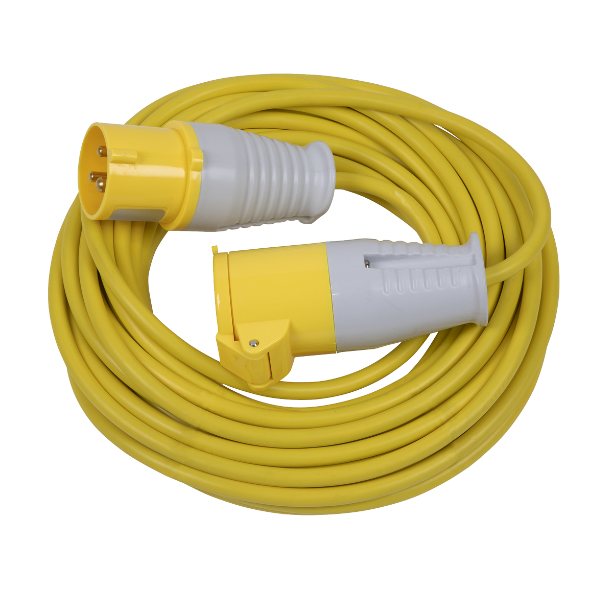 A 14m coiled yellow extension cable from Sealey, featuring a 16A 110V plug on one end and an IP44-rated socket on the other, product code EL15110.