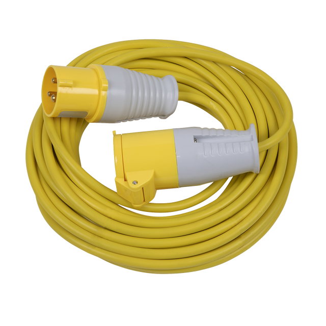 A 14m coiled yellow extension cable from Sealey, featuring a 16A 110V plug on one end and an IP44-rated socket on the other, product code EL15110.