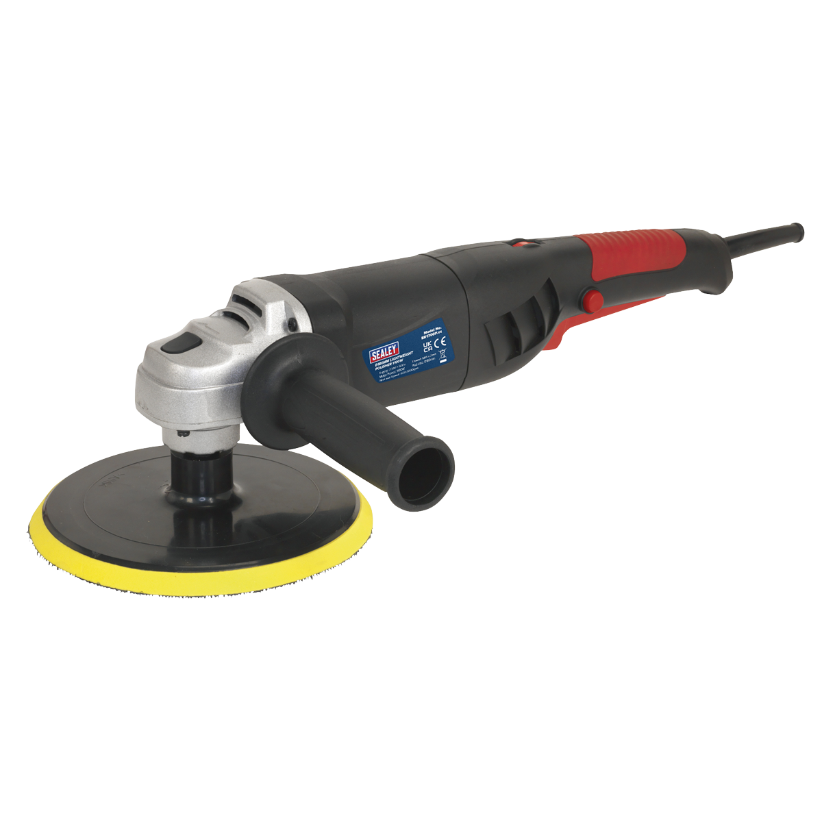 A handheld electric polisher from Sealey, the Polisher Ø180mm 1100W/230V Lightweight - ER1700P, featuring a black handle, yellow polishing pad, and powerful 1100W motor.