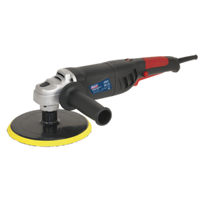 A handheld electric polisher from Sealey, the Polisher Ø180mm 1100W/230V Lightweight - ER1700P, featuring a black handle, yellow polishing pad, and powerful 1100W motor.