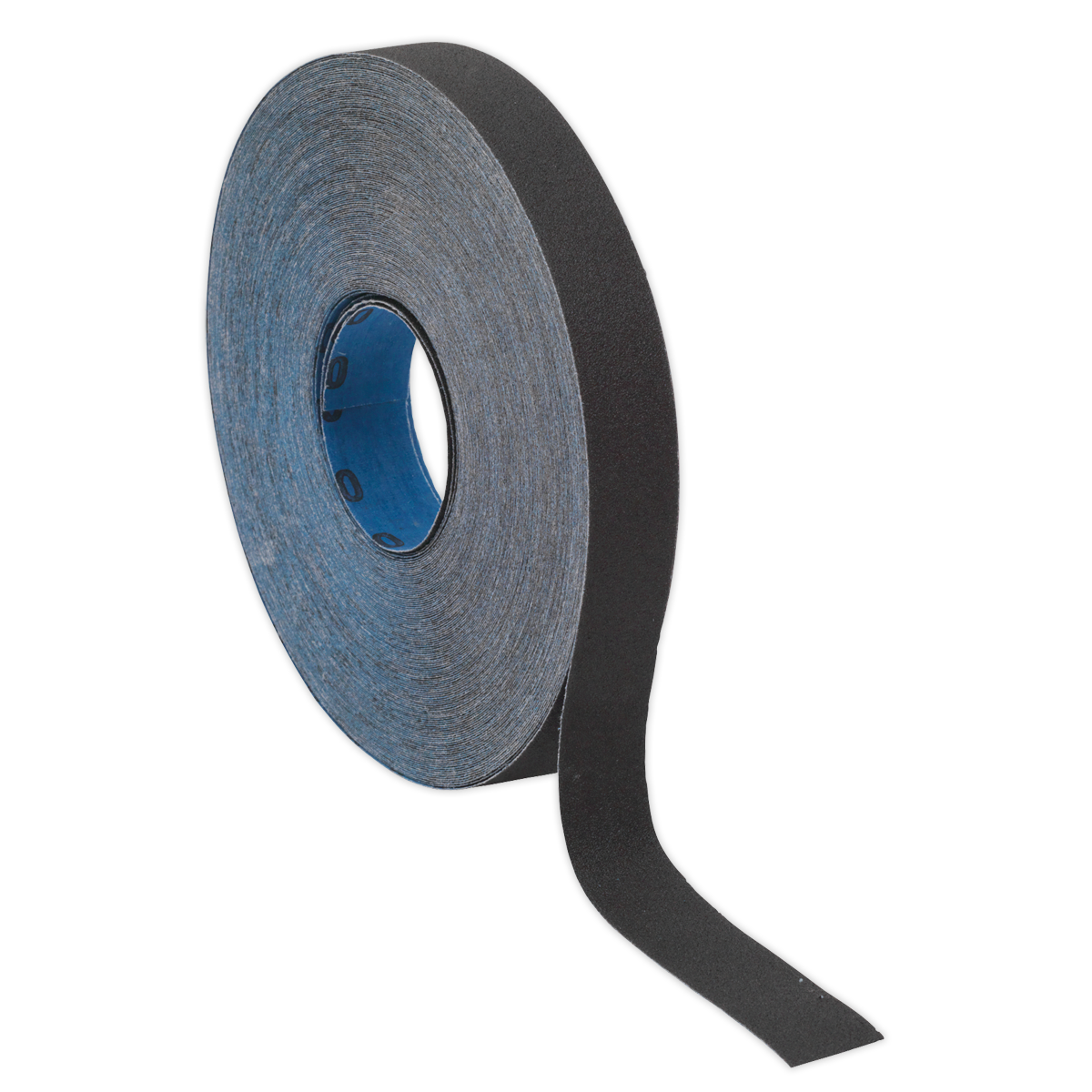 A partially uncoiled roll of black adhesive tape with a blue inner ring rests next to the Sealey Emery Roll Blue Twill 25mm x 25m 120 Grit - ER2525120, an ideal tool for finishing metal.