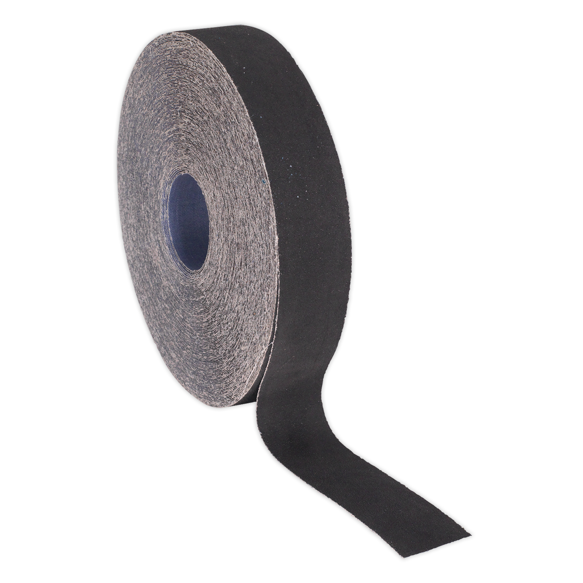 A Sealey Emery Roll Blue Twill 25mm x 50m 60Grit (ER255060), with a section unrolled, is standing upright on one end, reminiscent of an adhesive tape roll.